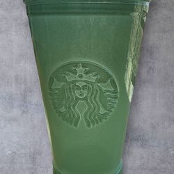 Starbucks Spain Recycled Green Glass Tumbler 14oz 414ml Embossed Siren Lid Cup 