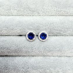 Blue Sapphire Halo Earrings 