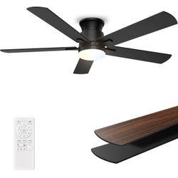 Ceiling Fans with Lights 52 Inch, Flush Mount, Remote Control, 3CCT Dimmable, 6 Speeds, Quiet Reversible DC Motor, Low Profile Hugger Black Ceiling Fa