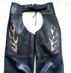 Custom BLACK LEATHER CHAPS with Snake Skin Flames