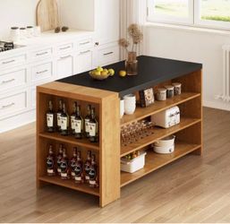 HL0412 Light Brown & Black Wood 55.1 in. Kitchen Island with 5 Storage Shelves & Leg Room, 5-Tier Modern Stationary Island