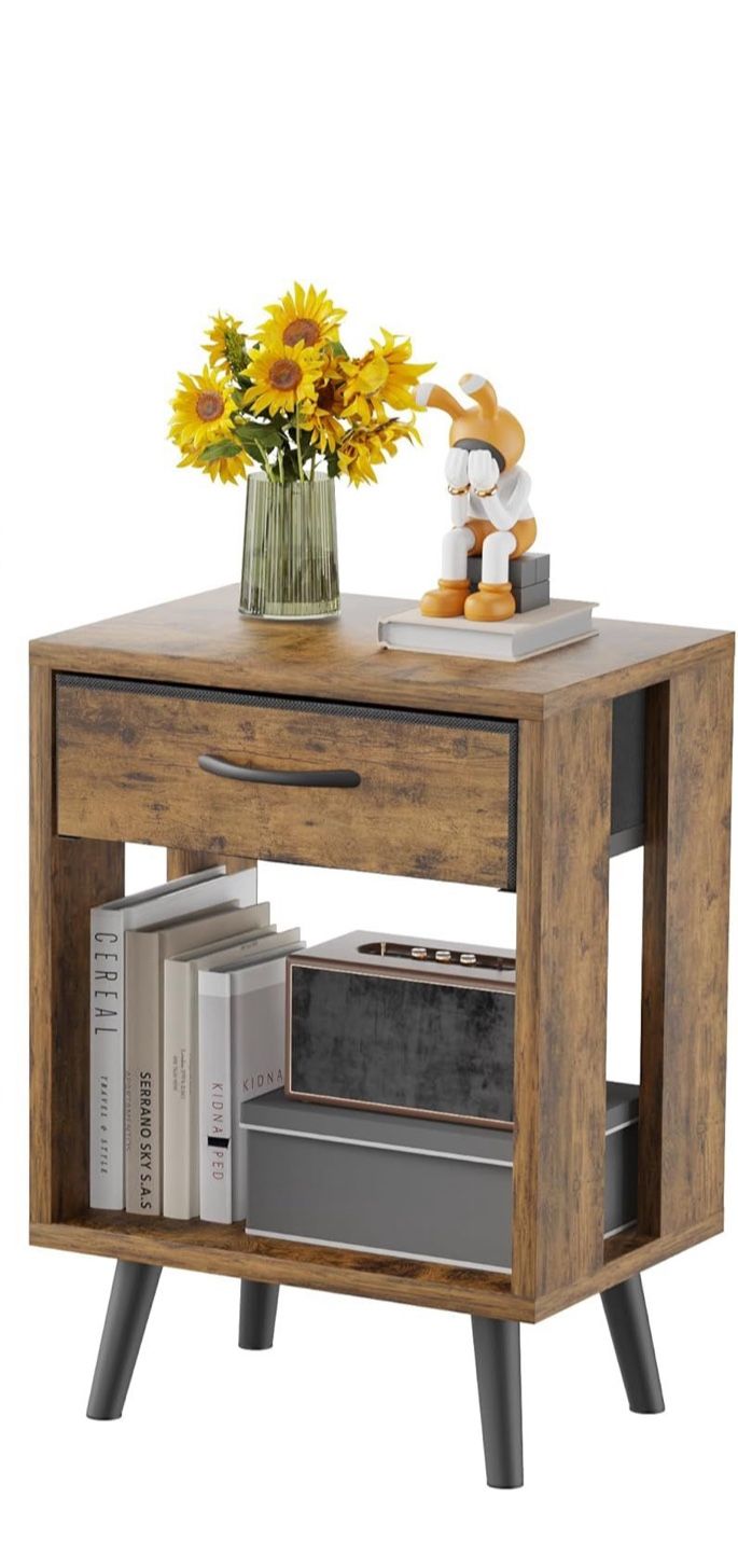 Rustic Brown Bedside Table with Fabric Drawer and Open Wood Shelf