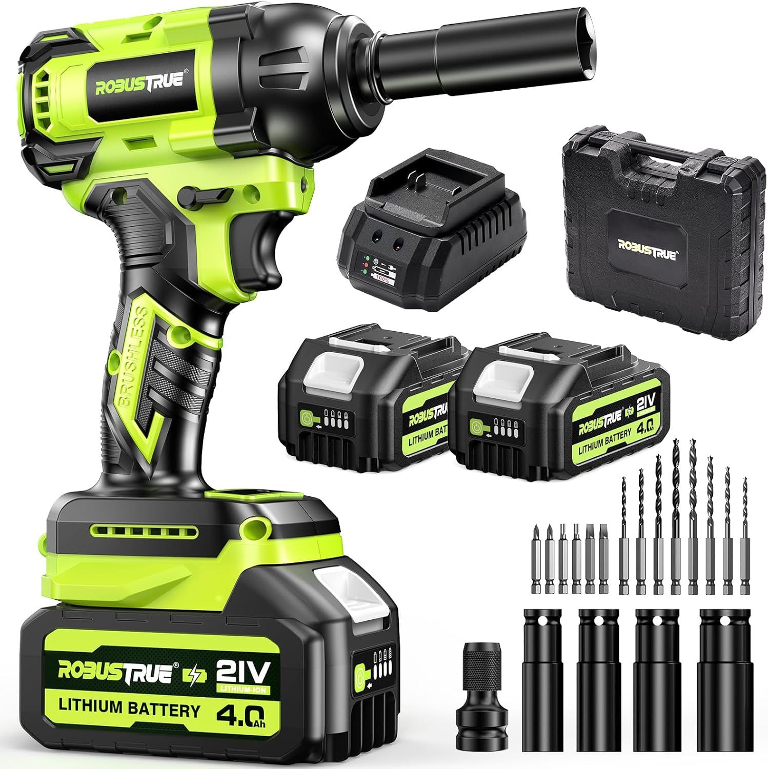 Cordless Impact Wrench, 406Ft-lbs (550N.m) Brushless 1/2 inch, 2800RPM High Torque Impact Gun, 2x 4.0Ah Battery, Charger, 4 Sockets, Electric Impact W