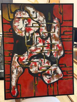 Large Abstract Modern Wall Art Painting Red Black White Framed Canvas