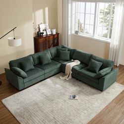 115 in. Modular Cloud Couch Green Corduroy L-shaped Sectional Sofa with Storage for Living Room Apartment Office