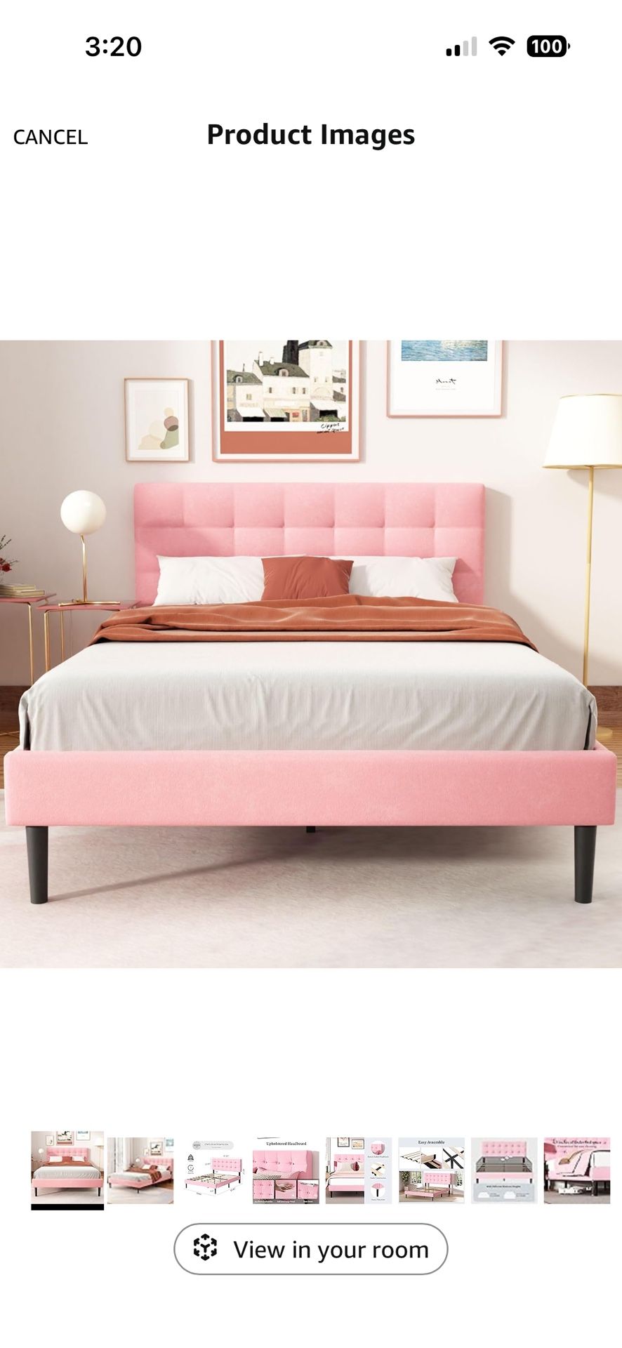 Pink Fabric Full Bed Frame