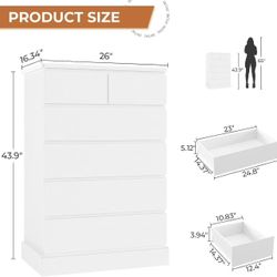 🥨DICTAC White Tall Dresser for Bedroom with 6 Drawers, 43.9" Tall Dressers & Chests of Drawers, Modern Wood Closet Organizer and Storage Cabinet