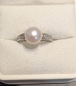 Faux Pearl Ring with Diamond Accent Band