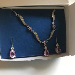 Silver And Purple Stone Necklace And Earrings Set