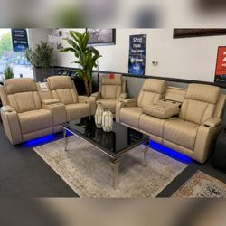 High Quality Beige breathing leather super comfortable 3 pc power reclining sofa set with LED on bottom USB wireless charging