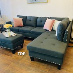 Brand New Charcoal Linen Sectional Sofa Couch +Storage Ottoman (New In Box) 