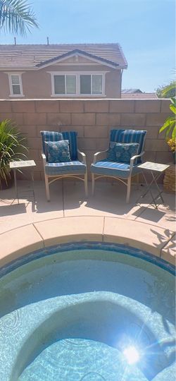 2 Patio Chairs + Cushions & 2 Mosaic Side Tables – $145