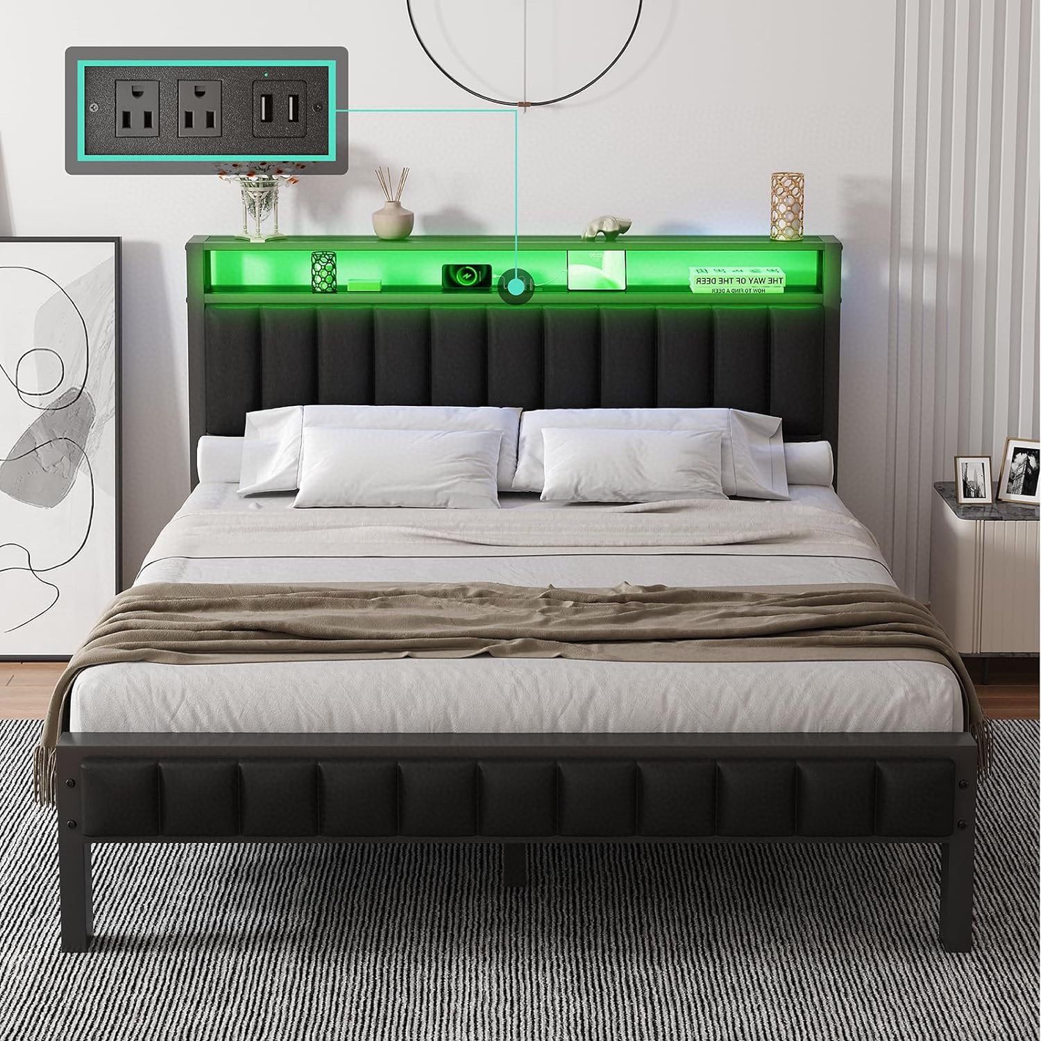 Queen Size Bed Frame with LED Light, Metal Platform Bed with PU Leather Headboard, 2-Tier Storage Space, Charging Station