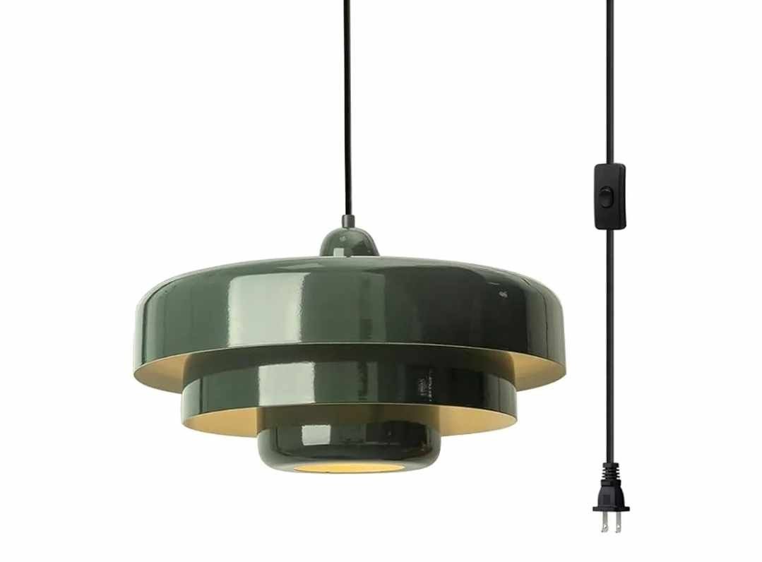 0482: New Plug-in Green Pendant Light Fixtures, 16FT Hanging Lights with Plug in Cord 3-Layer Shade Mid Century Modern Hanging Lamp Pendant Lighting