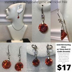 New Solid Sterling Silver 925 Earrings with 12mm Red CZ (cubic zirconia) stones, Beautiful!