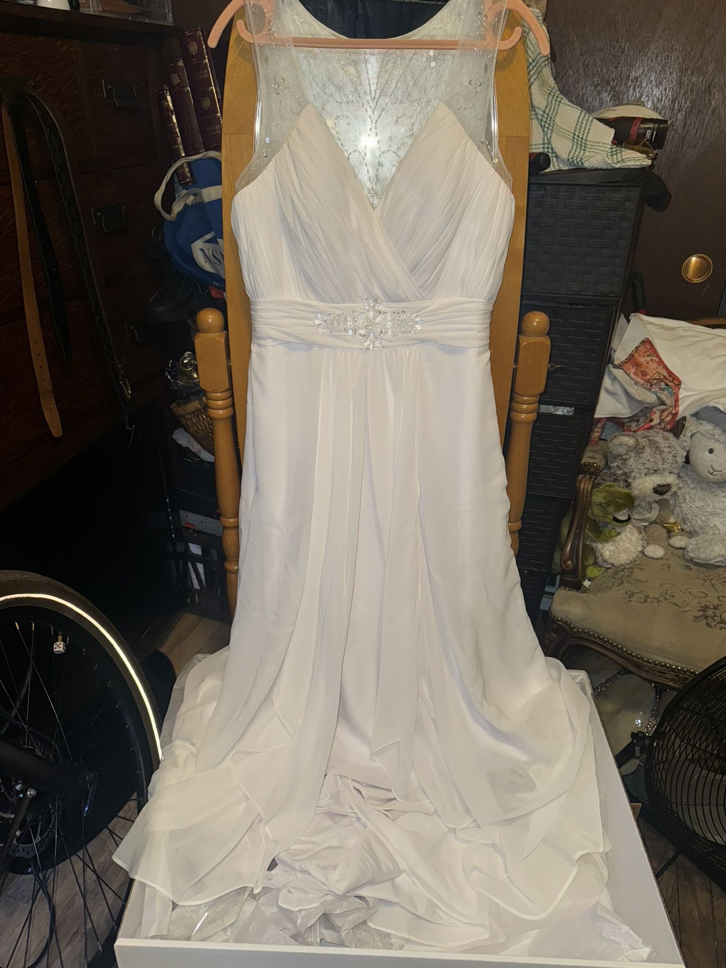 A-Line V-neck Sweep Train Chiffon Tulle Wedding Dress With Beading Sequins Cascading Ruffles #54621