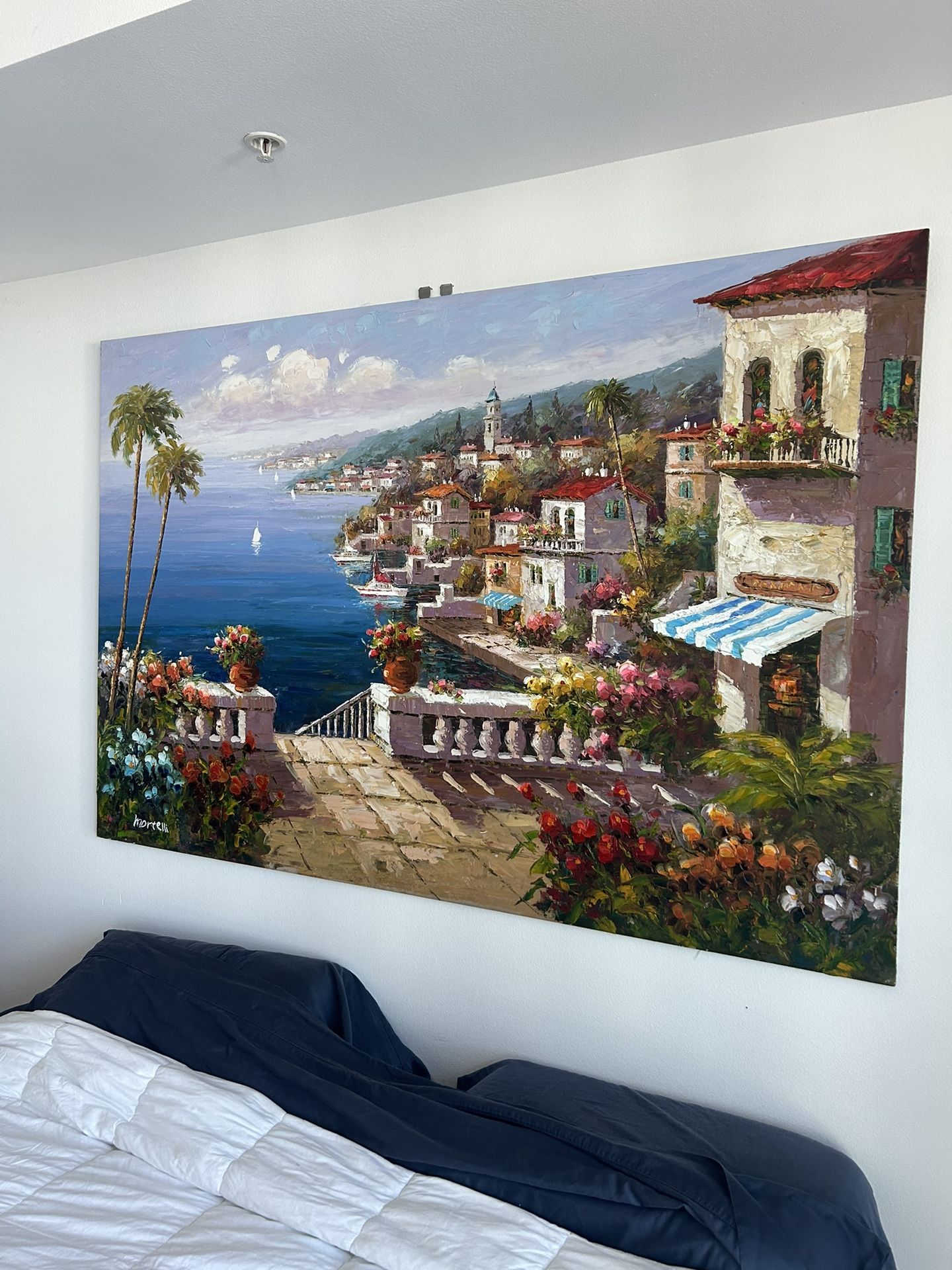 Original Oil on Canvas Wall Art 74x48 - Mediterranean Coastal Terrace