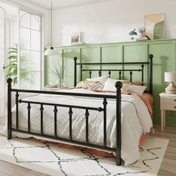 Black Queen Size Metal Platform Bed Frame with Victorian Vintage Headboard & Footboard, Adult