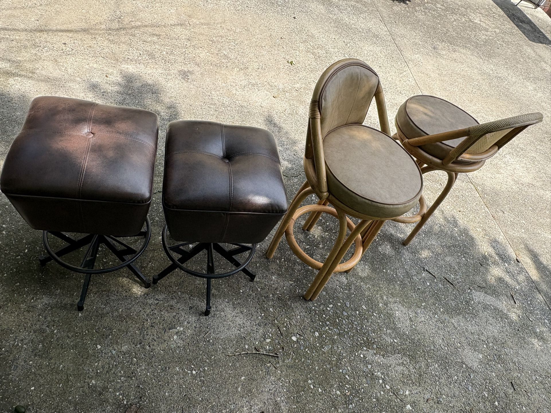 Bamboo-ish swivel bar stools & brown leather barstools (one dark brown stool loose needs tightening