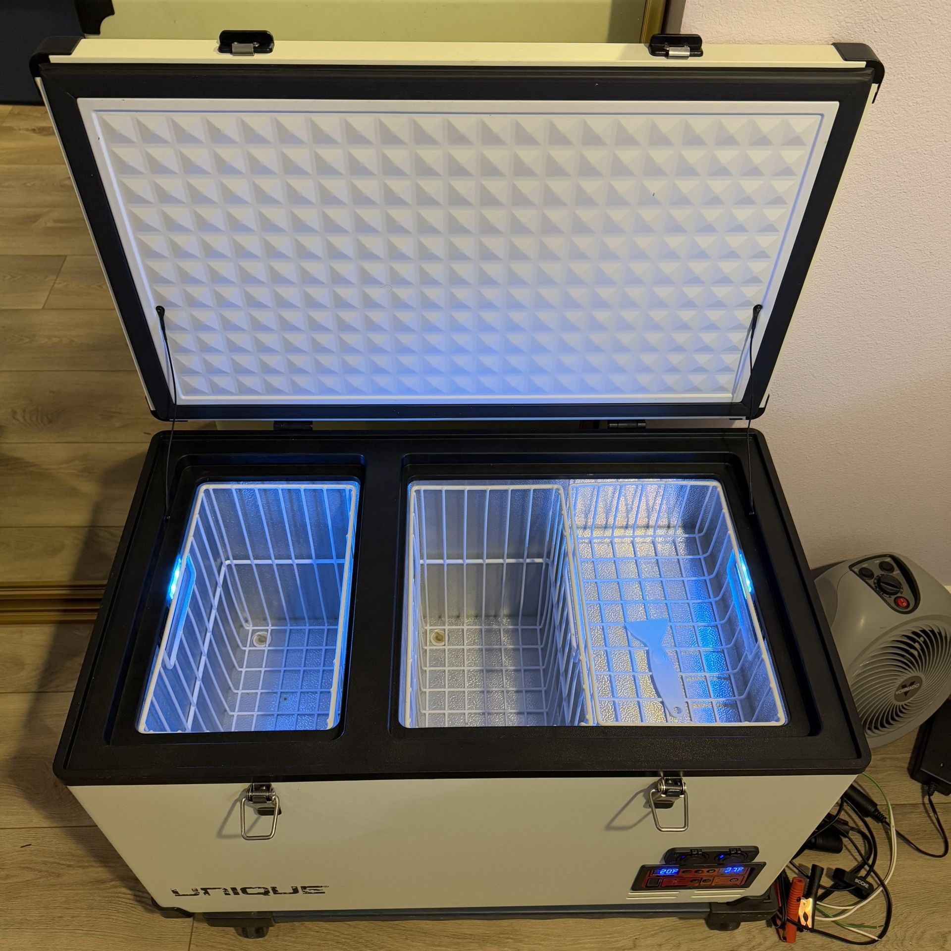 UNIQUE AC/DC 65 LITER PORTABLE FRIDGE/FREEZER, 120V, 12V, 24V with USB PORTS