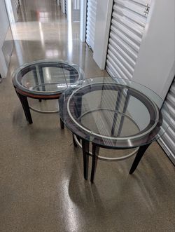 Round Glass End Tables 30” Wood & Metal – $40 Each or $70 for Both