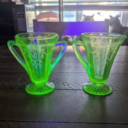 Uranium Glass Green Cameo Ballerina Depression Glass Sugar + Creamer Set