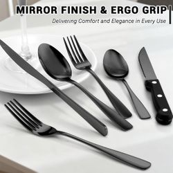 72-Pieces Black Silverware Set for 12 - Stainless Steel Flatware Set with Mirror Polish, Black Silverware Set Including Steak Knives, Forks and Spoons