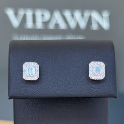 18k solid white gold Emerald & brilliant cut 1.1CTW Diamond stud earrings