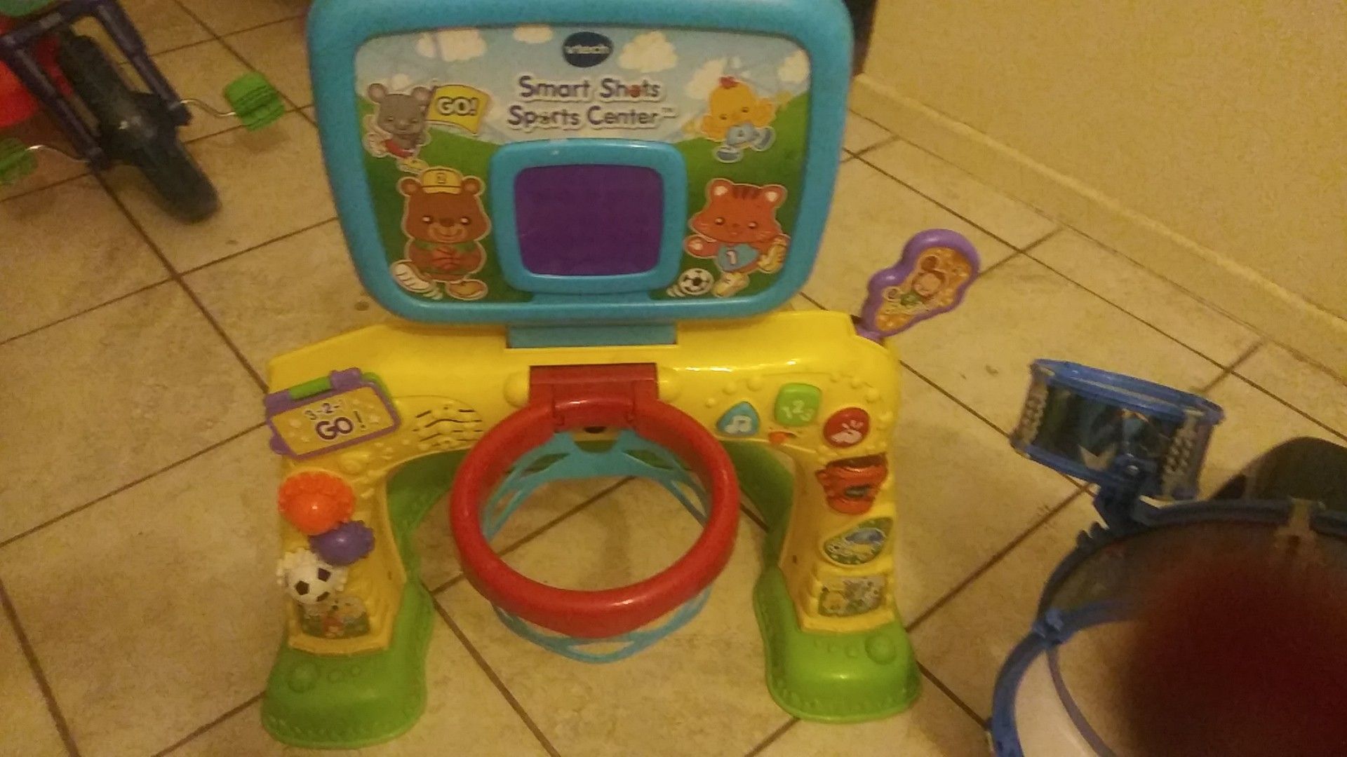 Basketball just missing balls. Drum set missing sticks