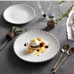 New White Porcelain Dinner Plate with Beaded Trim, 8 Inches( set of 8) 