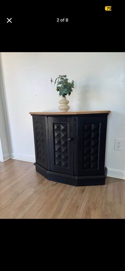Black Geometric Accent Cabinet with Natural Wood Top