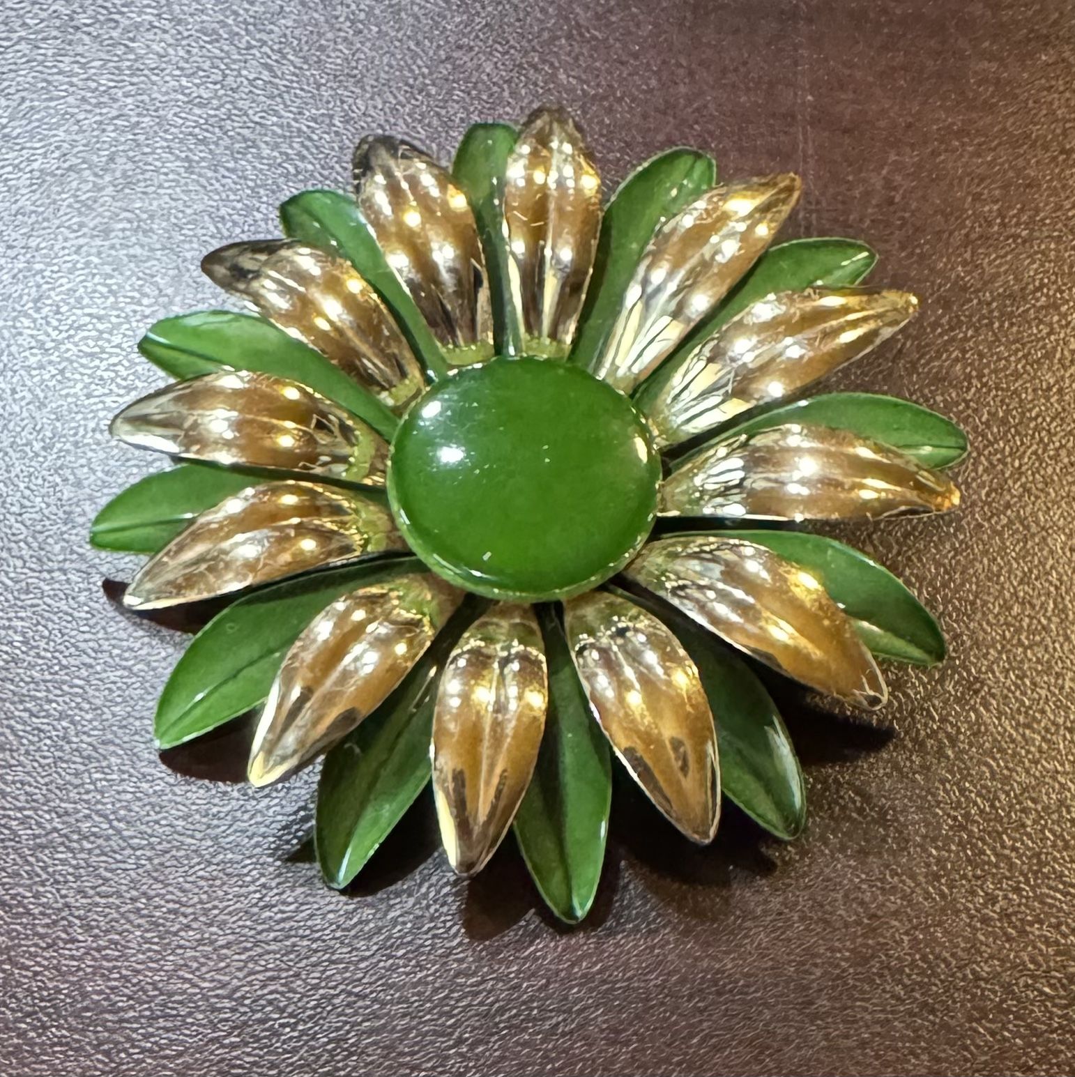 Vintage Green And Gold Metal Brooch