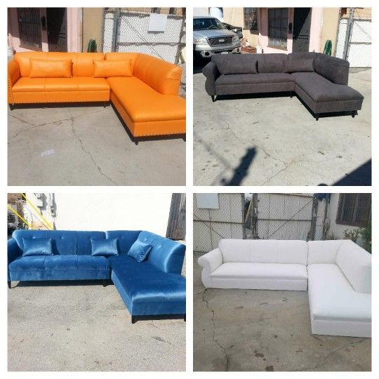 Brand NEW 9x7ft Sectional  CHAISE, White, Orange LEATHER, Jaguar TEAL Blue Dark Grey  FABRIC Sofas , Couches 