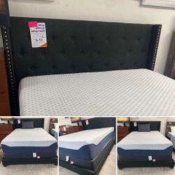 Queen Upholstered Bed Frame With Mattress And Boxspring Included