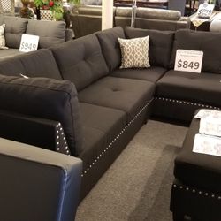 Brand New 104" x 75" Black Linen Reversible Sectional + Ottoman