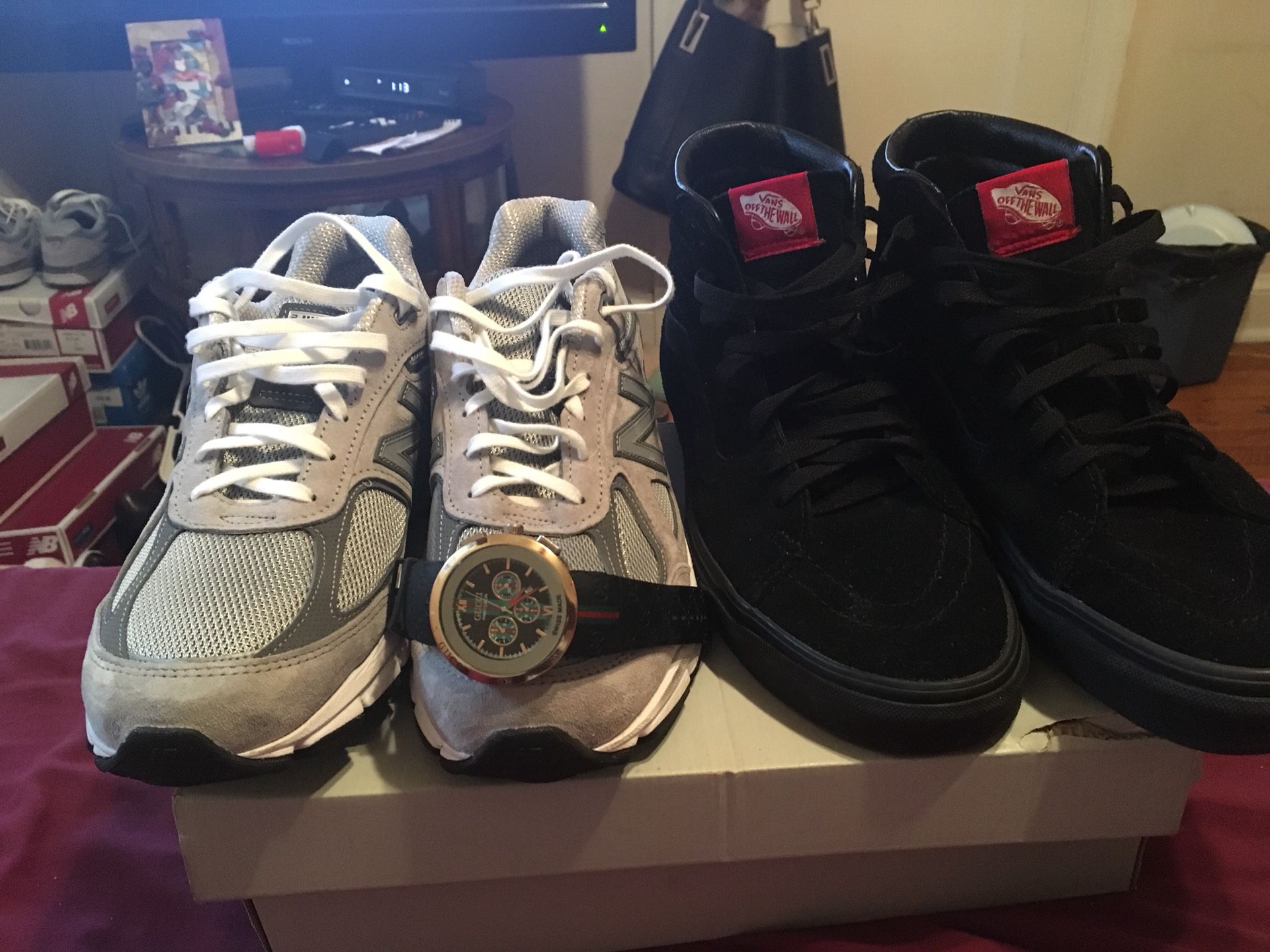 Size 9 990s New Balance and All Black Vans and a Real GUCCI Watch For $205