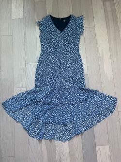 Tommy Hilfiger Blue Floral High-Low Maxi Dress, Flutter Sleeve V-Neck Chiffon, Size 10