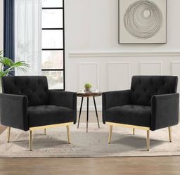 Black Velvet Accent Chairs Set of 2, Comfy Button Tufted Armchair, Upholstered Arm Chair Single Sofa Reading Chairs with Arms and Gold Metal Leg for L