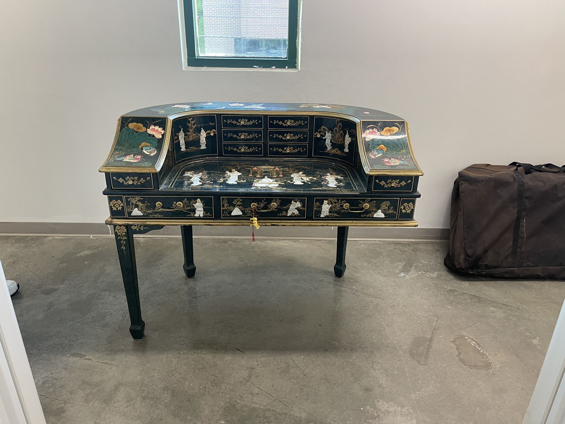 Antique Oriental Black Lacquer Desk with Mother of pearl designs of geisha women,children & Birds