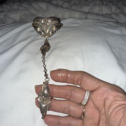 Sterling Silver Cuff Bracelet With Attached Ring, Very Detailed And Very Beautiful