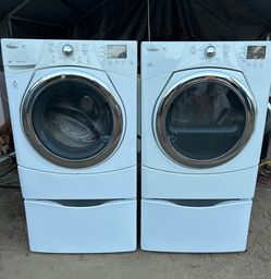 WHIRLPOOL FRONT LOAD WASHER & STEAM GAS DRYER W/PEDESTAL-DRAWERS “