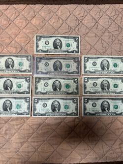 Lot of 9 Vintage 1976 Two Dollar Bills - Bicentennial Series $2 US Currency Notes
