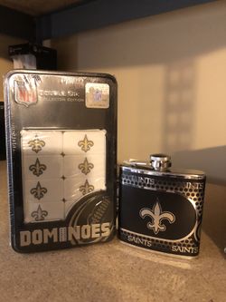 New Orleans Saints double six dominoes and 6 oz stainless steel flask