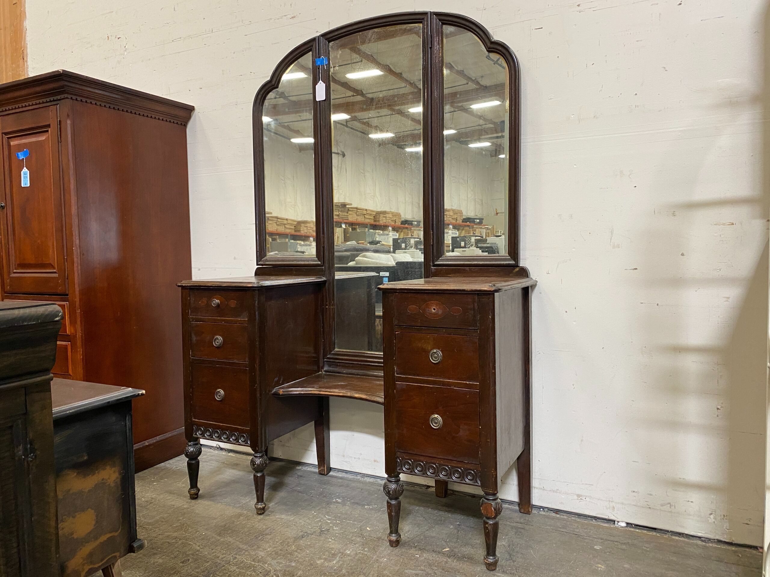 Vintage Wood Vanity with Tri-Fold Mirror