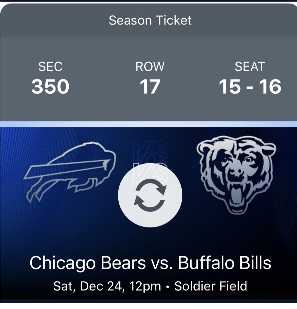 2 Bears Game Tickets, 12/24, 12pm, $50, GREAT SEAT 