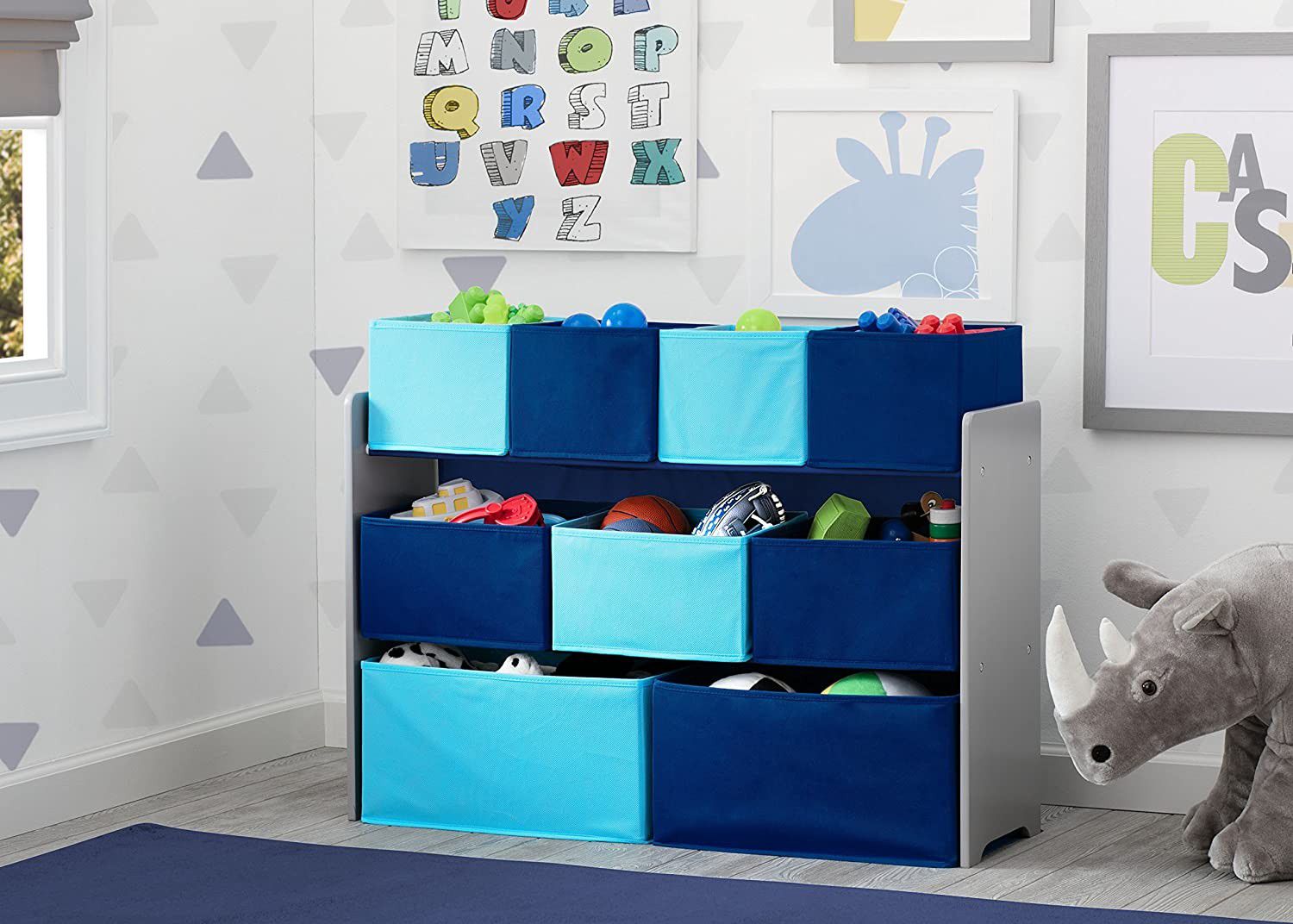 Kids Deluxe Multi-Bin Toy Organizer with Storage Bins, Grey/Blue Bins