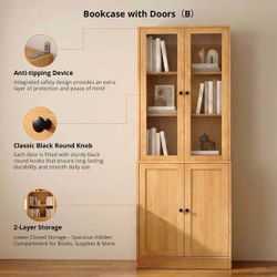 71'' Tall Bookcase with Glass Doors, 3-Tier Display Bookshelf,5-Tier Storage Cabinet for Home Office Living Room,Wood  RichYa 71'' Tall Bookcase with 