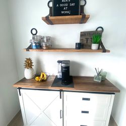 White & Wooden Top Farmhouse Sideboard With A Silent Sliding Door And Three Drawers