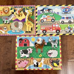 Melissa & Doug puzzle lot bundle chunky barn animals, zoo animals and vehicles   In good condition with normal wear 