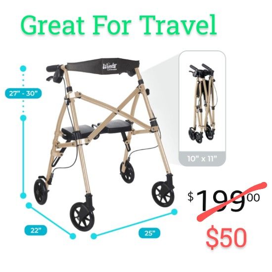 NEW Stander Wonder Rollator Lightweight Folding Walker For Seniors And Adults Travel Space Saver 4 Wheel Walking Aid With Seat In Desert Sand